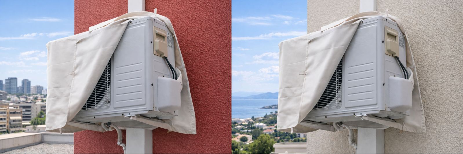 Εκρού αδιάβροχο κάλυμμα SolarCare από ανθεκτικό τεντόπανο, τοποθετημένο σε εξωτερική μονάδα κλιματιστικού για προστασία από καιρικές συνθήκες.